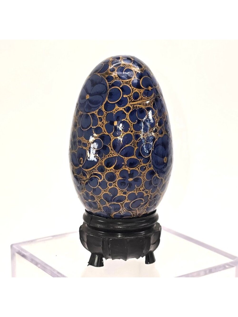 Hand-Painted Floral Wooden Egg Blue and Gold Asian Art With Black Stand je215